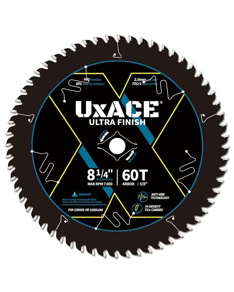 UXACE 8-1/4-Inch 60-Tooth Circular Saw Blade with 5/8-Inch Arbor, Ultra Finish Wood Cutting, Carbide Tip, Thin Kerf, for Plywood, MDF, OSB, Laminated - Image 1